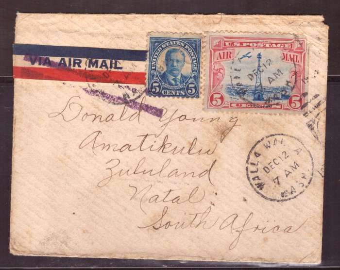 USA 1928 Cover from Walla Walla  Washington too Amatikulu Natal.