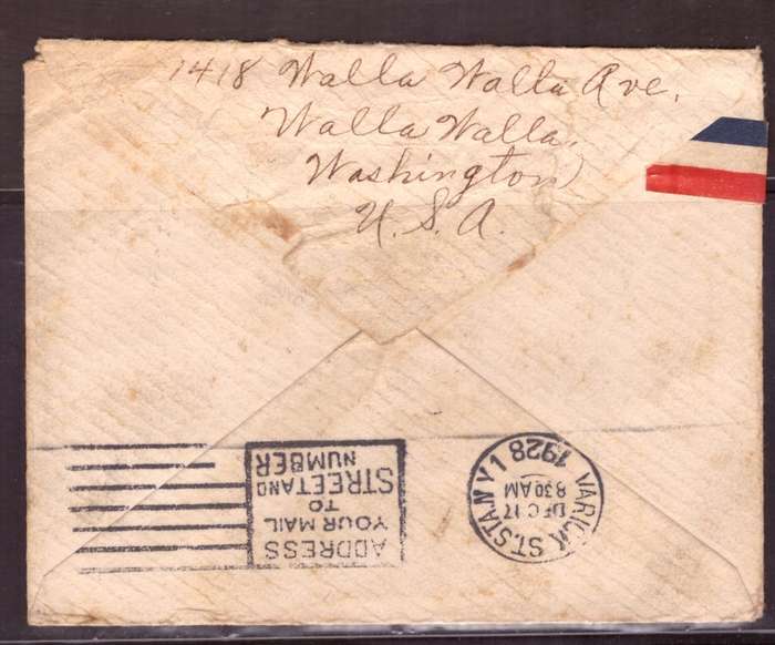 USA 1928 Cover from Walla Walla  Washington too Amatikulu Natal.