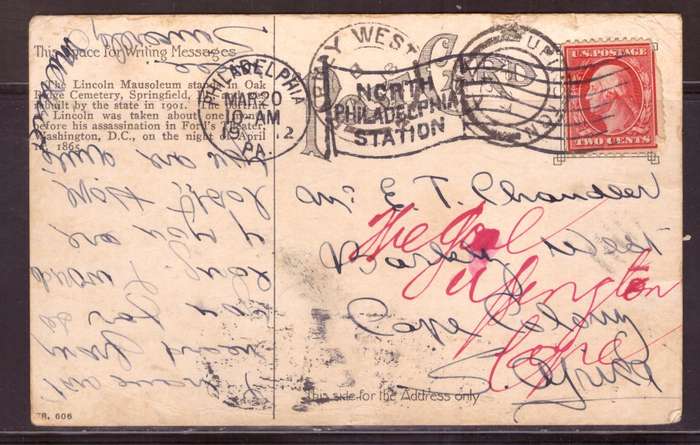 USA Post cart 1912  from  Philadelfia too Upincton. Cape Colony.