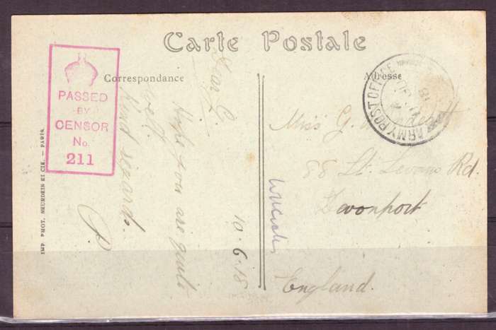 Post Cart from IWW {France} . ARMY POST OFFICE and CENSOR