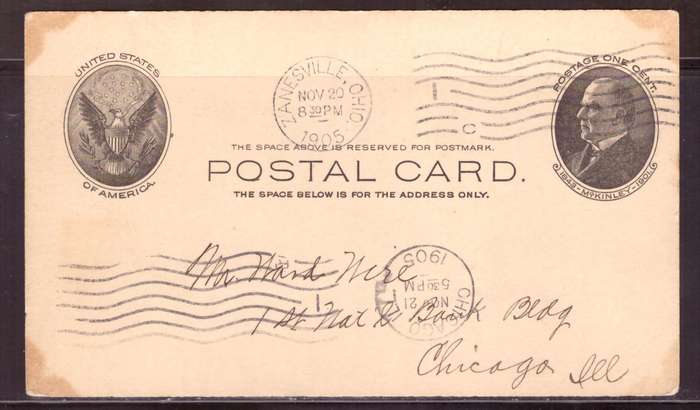 USA Post cart 1905  from  Zanesville too Chicago bay Rail.