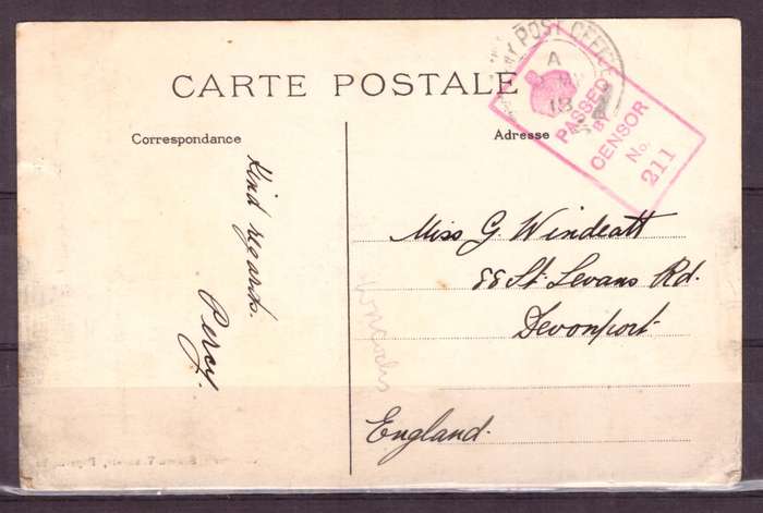 Post Cart from IWW {France} . ARMY POST OFFICE and CENSOR