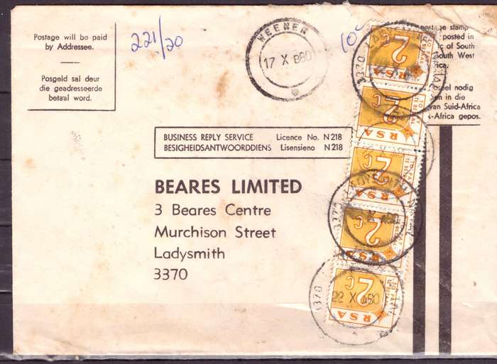UNION of South AFRICA.  Postage Due stamps Tax. Cover.