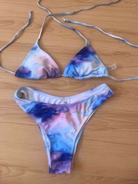 Ladies women's girls female bikini swimsuit set top and bottoms colour is pink blue and purple colou