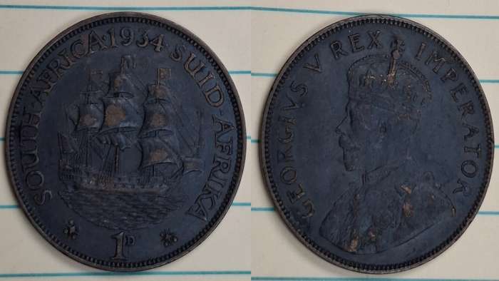 1934 - South Africa - 1 Penny - George V - Demonetised March 1961 - Bronze
