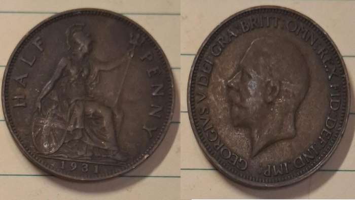 1931 - UK - ½ Penny - George V - Demonetised Aug 1969 - Bronze