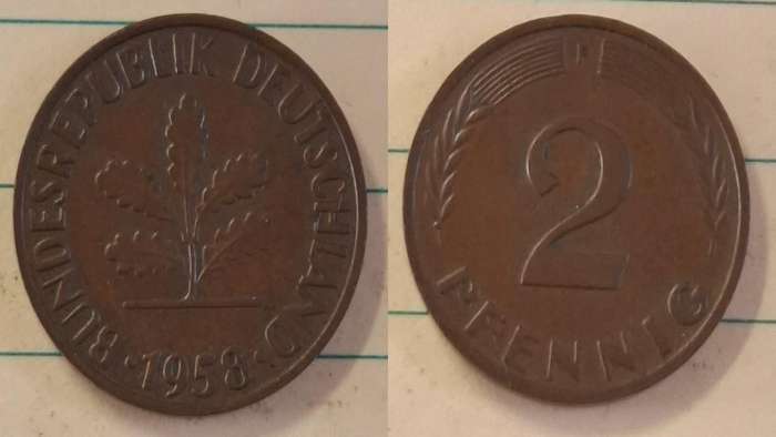 1958 F - Germany - 2 Pfennig - Oak seedling - Demonetised Dec 2001 - Bronze