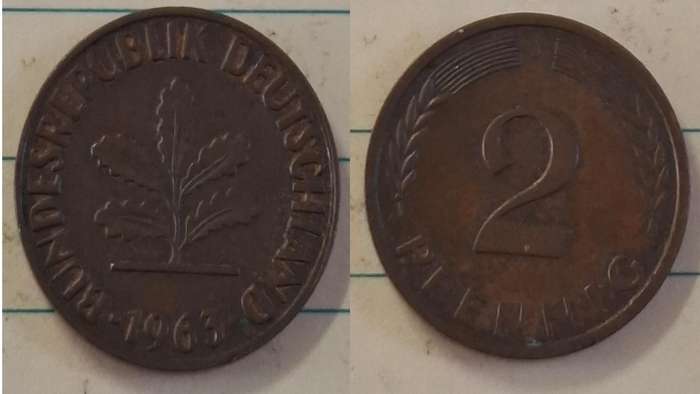 1963 J - Germany - 2 Pfennig - Oak seedling - Demonetised Dec 2001 - Bronze