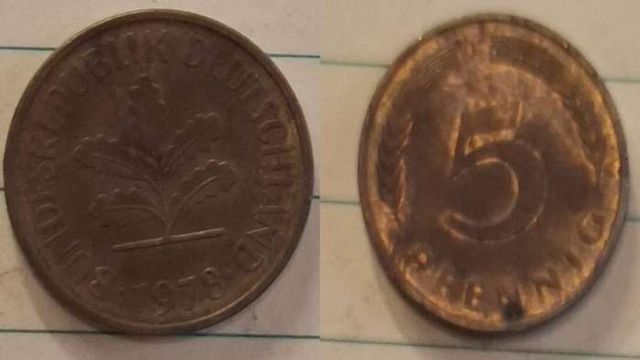 1978 G - Germany - 5 Pfennig - Oak seedling - Demonetised Dec 2001 - Brass clad steel 