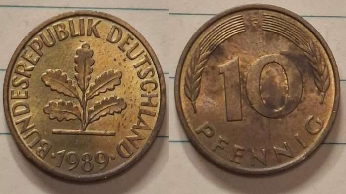 1989 G - Germany - 10 Pfennig - Oak seedling - Demonetised Dec 2001 - Brass clad steel 