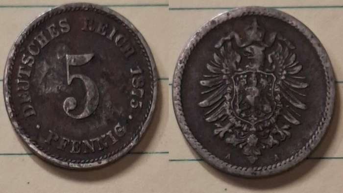 1875 A - Germany - 5 Pfennig - Wilhelm I - Demonetised Oct 1924 - Copper-nickel