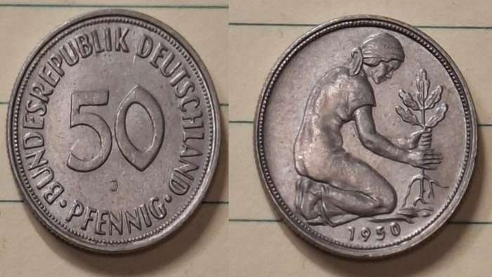1950 J - Germany - 50 Pfennig - Trümmerfrau planting an oak - Demonetised Dec 2001 - Copper-nickel
