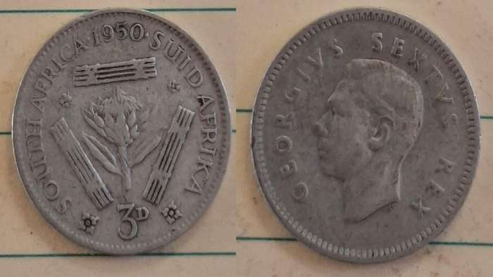 1950 - South Africa - 3 Pence  - George VI - Demonetised Mar 1961 - Silver (.800)