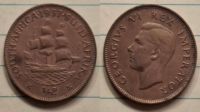 1937 - South Africa - ½ Penny - George VI - Demonetised Mar 1961 - Bronze