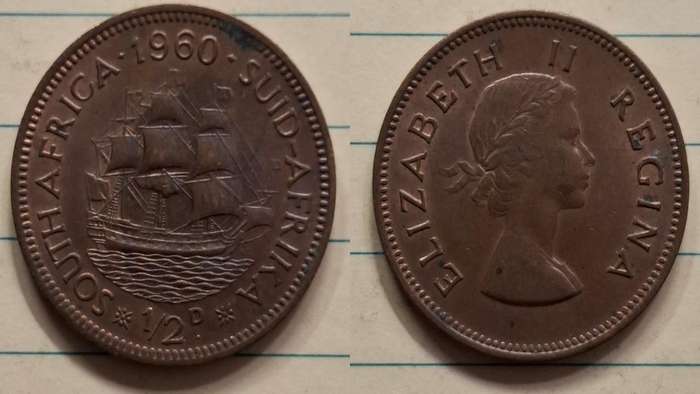 1960 - South Africa - ½ Penny - AU - Elizabeth II - Demonetised Mar 1961 - Bronze