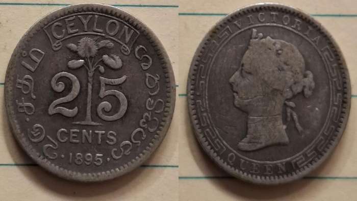 1895 - Ceylon - 25 Cents - Victoria - Demonetised Yes - Silver (.800)