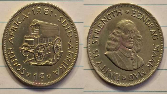 1961 - South Africa - 1 Cent -  Cleaned - Jan van Riebeeck -  - Brass