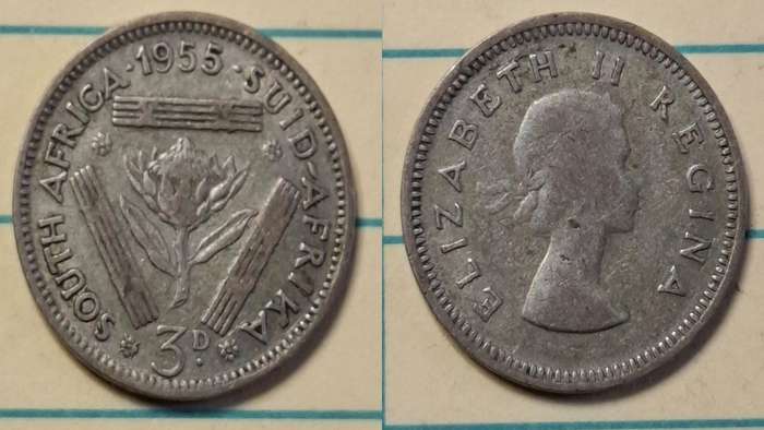 1955 - South Africa - 3 Pence  - Elizabeth II - Demonetised Yes - Mar 1961 - Silver (.500)