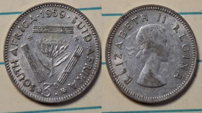 1959 - South Africa - 3 Pence  - Elizabeth II - Demonetised Yes - Mar 1961 - Silver (.500)
