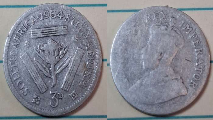1934 - South Africa - 3 Pence  - George V - Demonetised Yes - Mar 1961 - Silver (.800)