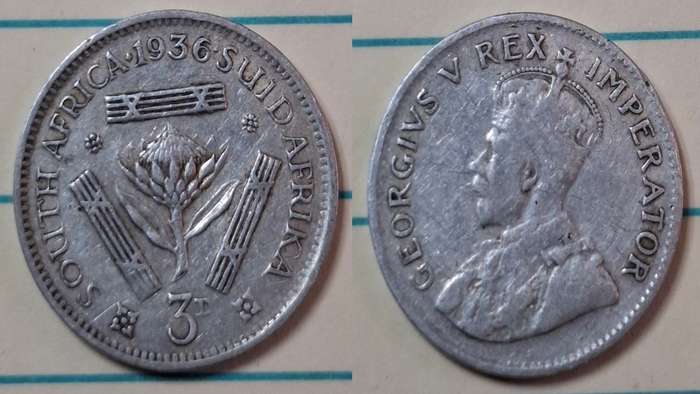 1936 - South Africa - 3 Pence  - George V - Demonetised Yes - Mar 1961 - Silver (.800)