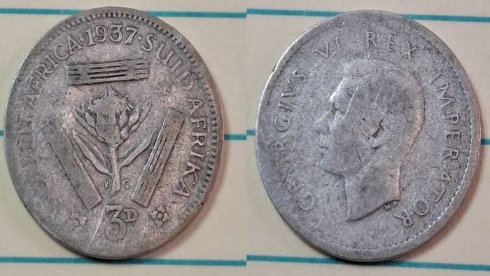 1937 - South Africa - 3 Pence  - George VI - Demonetised Yes - Mar 1961 - Silver (.800)
