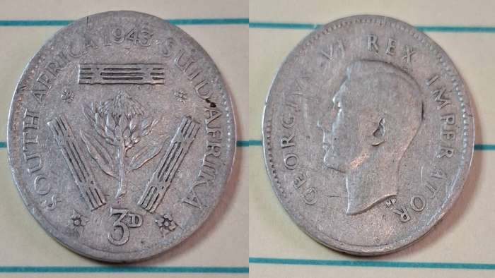 1943 - South Africa - 3 Pence  - George VI - Demonetised Yes - Mar 1961 - Silver (.800)
