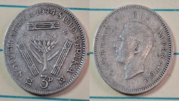 1944 - South Africa - 3 Pence  - George VI - Demonetised Yes - Mar 1961 - Silver (.800)