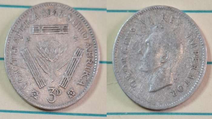 1947 - South Africa - 3 Pence  - George VI - Demonetised Yes - Mar 1961 - Silver (.800)