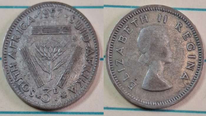 1957 - South Africa - 3 Pence  - Elizabeth II - Demonetised Yes - Mar 1961 - Silver (.500)