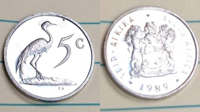 1989 - South Africa - 5 c Proof - Coat of Arms/Blue crane -  - Nickel