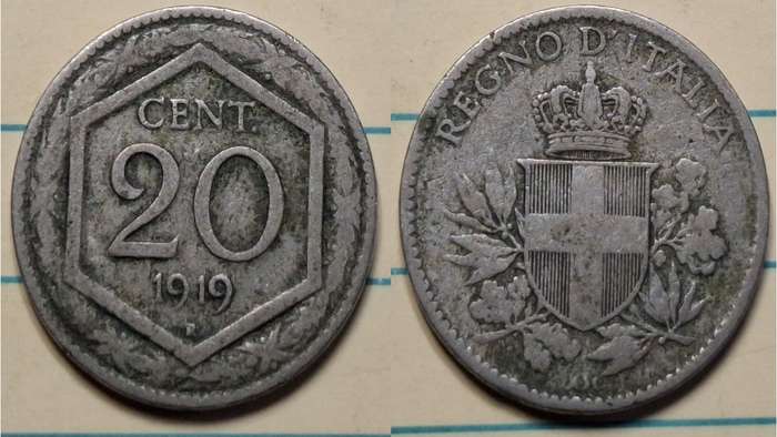 1919 - Italy - 20 Centesimi - Crowned Savoia Shield - Demonetised Yes - Copper-nickel