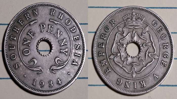 1934 - Southern Rhodesia -  1 Penny - George V - Demonetised -  Jan 1973  - Copper-nickel