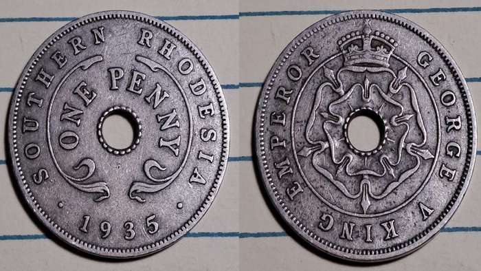 1935 - Southern Rhodesia -  1 Penny - George V - Demonetised -  Jan 1973  - Copper-nickel