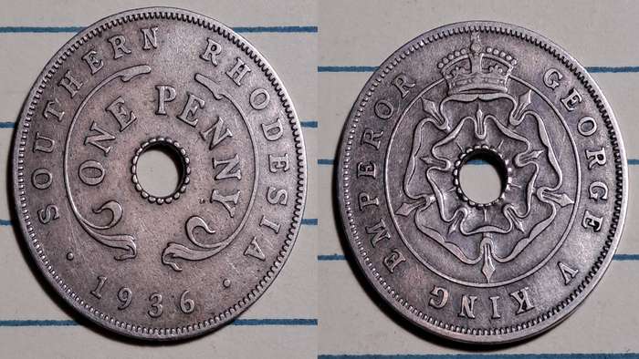 1936 - Southern Rhodesia -  1 Penny - George V - Demonetised -  Jan 1973  - Copper-nickel