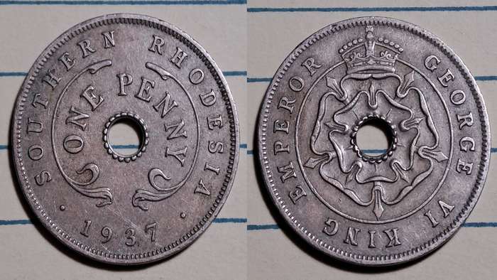 1937 - Southern Rhodesia -  1 Penny - George VI - Demonetised -  Jan 1973  - Copper-nickel