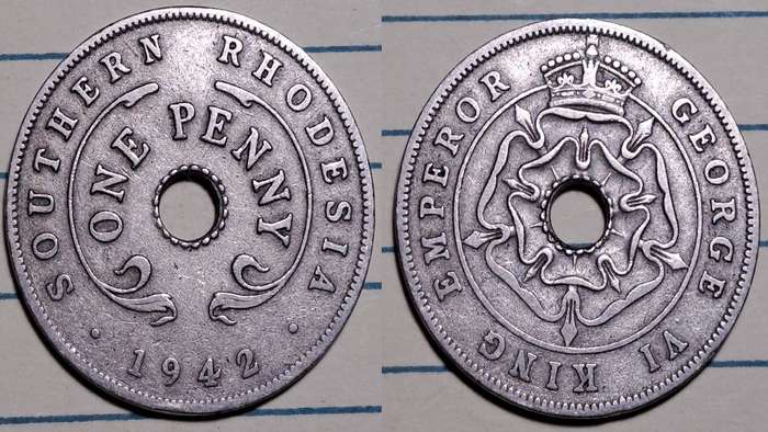 1942 - Southern Rhodesia -  1 Penny - George VI - Demonetised -  Jan 1973  - Copper-nickel