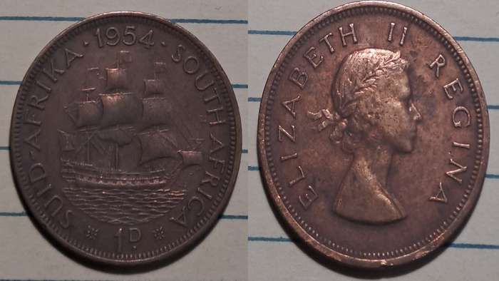 1954 - South Africa/Suid Afrika  - 1 Penny - Elizabeth II  - Demonetised - Mar 1961  -  Bronze