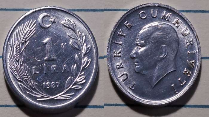 1987 - Turkey  - 1 Lira - Demonetised - Yes  - Aluminium