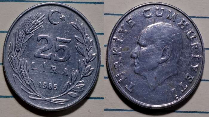1985 - Turkey  - 25 Lira - Demonetised - Yes  - Aluminium