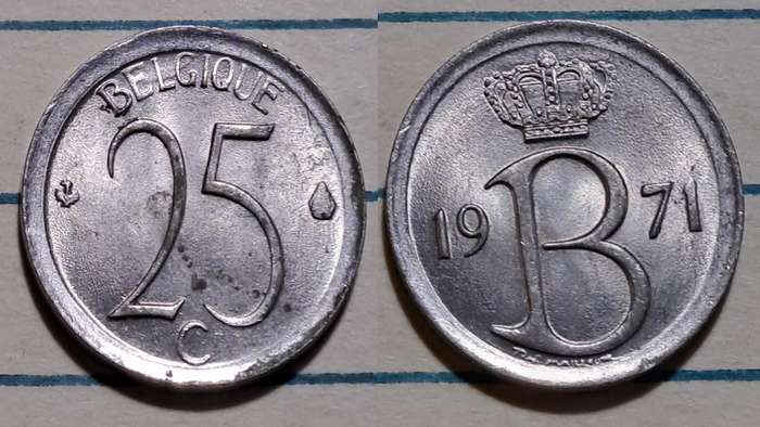 1971 - Belgium  - 25 Centimes - Baudouin I French text  - AU/UN - Demonetised - Jul 1980  - Copper-n