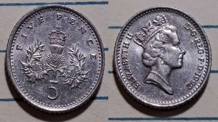 1992 - UK  - 5 Pence - Elizabeth II - Demonetised -No  - Copper-nickel