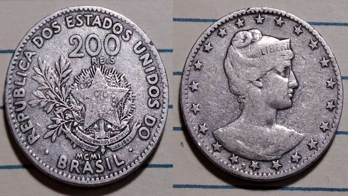 1901 - Brazil  -200 Réis Liberty -  Demonetised - Yes  - Copper-nickel