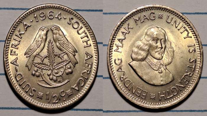 1964 - South Africa  - ½ Cent  - UNC - Jan van Riebeeck/Eendrag maak mag * Unity is strength - Brass