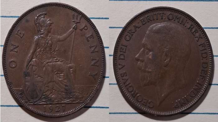 1927 - UK -  1 Penny - George V -  Demonetised - Aug 1971  - Bronze