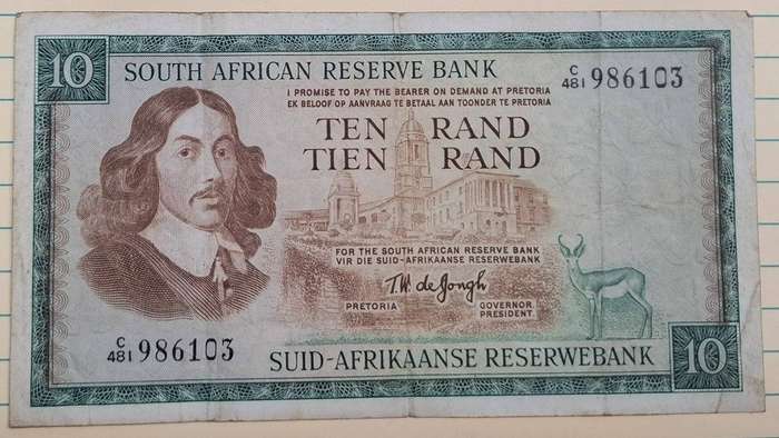 1975 - South Africa - Ten Rand  -  Watermark : Jan van Riebeeck - Signature : T.W. de Jongh - Demone