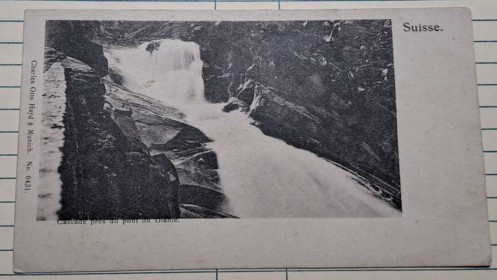 Antique Post Card -  Lithograph of "Suisse, Route du Saint-Gotthard, cascade près du Pont du Diable