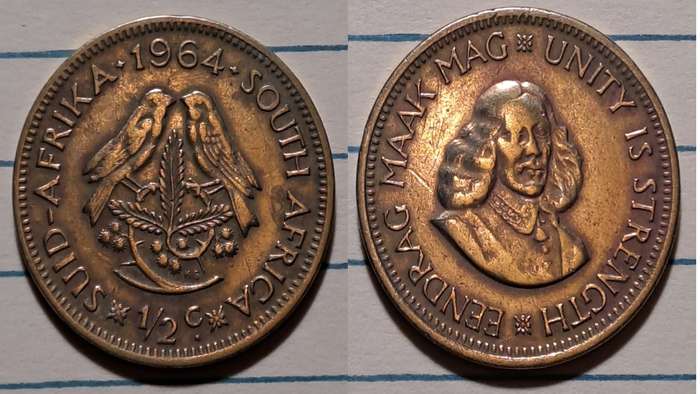 1964 - South Africa  - ½ Cent  - Cleaned - Jan van Riebeeck/Eendrag maak mag * Unity is strength - B