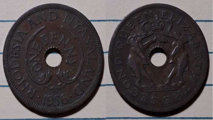 1956 - Rhodesia and Nyasaland - 1 Penny - Elizabeth II - Demonetised - Jan 1973 -  Bronze