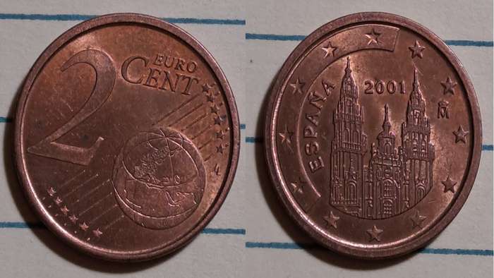 2001 - Spain  - 2 Euro Cents 1st type -  Demonetised - No  - Copper plated steel